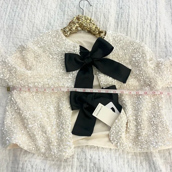 NWT Commense Cream Sequin Black Ribbon Bow Cardigan Jacket - Picture 14 of 14